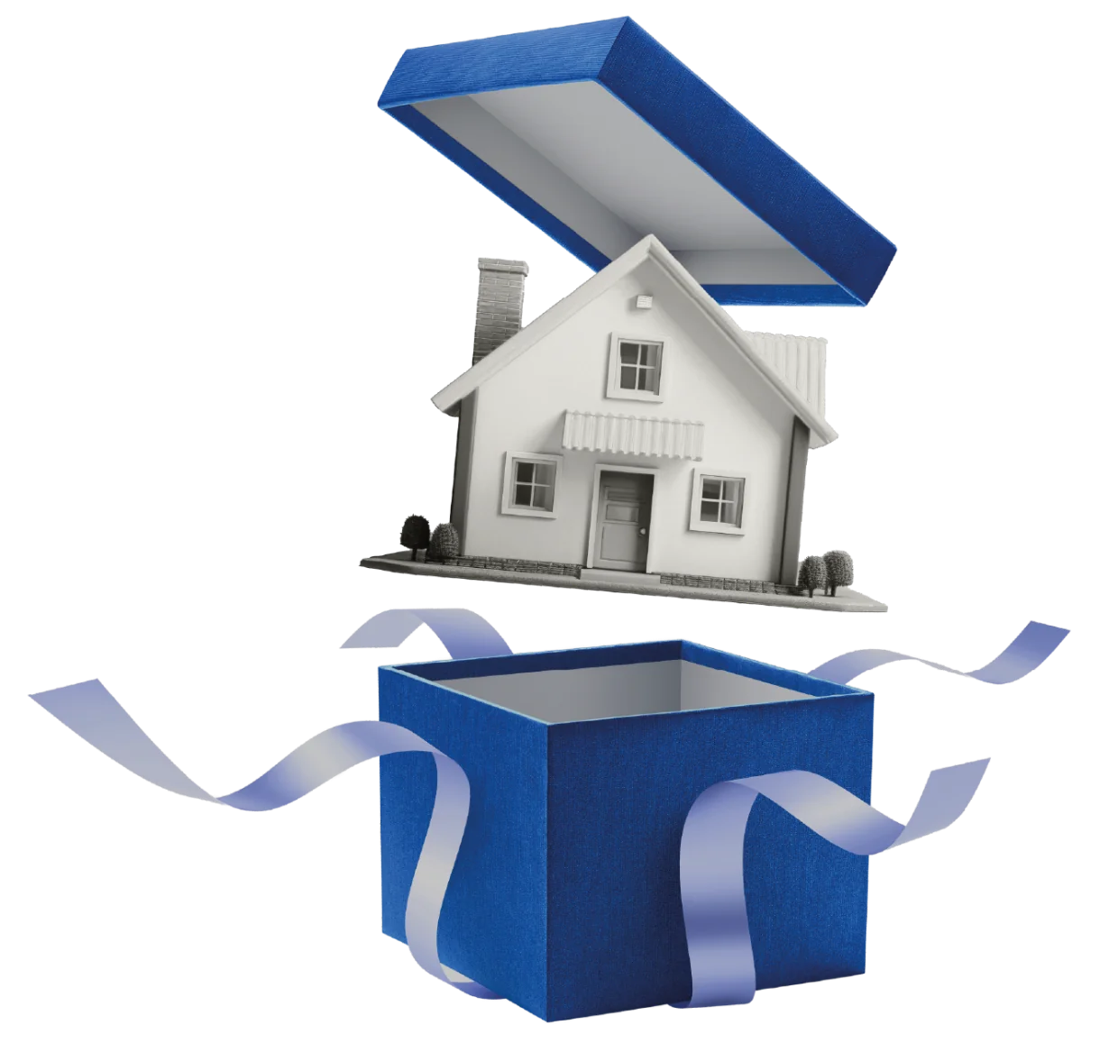 Una casa che esce da un pacco regalo